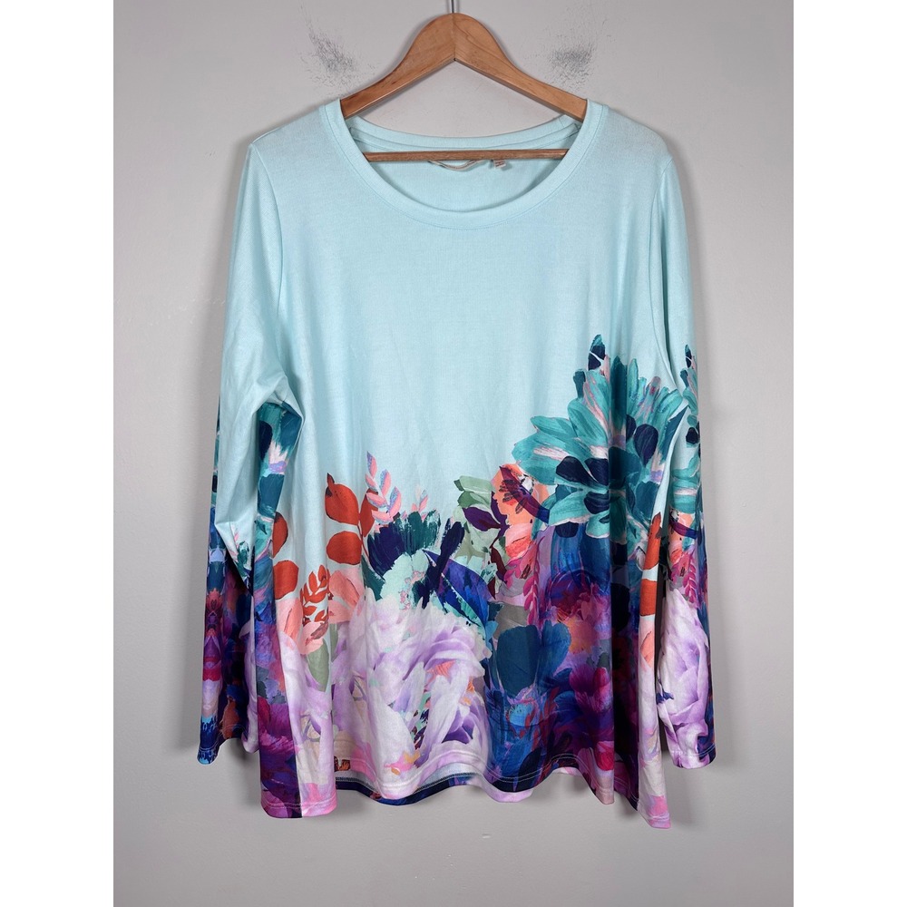 Soft Surroundings Pasaia Floral Long Sleeve Top Women 1X Blue Botanical Artsy